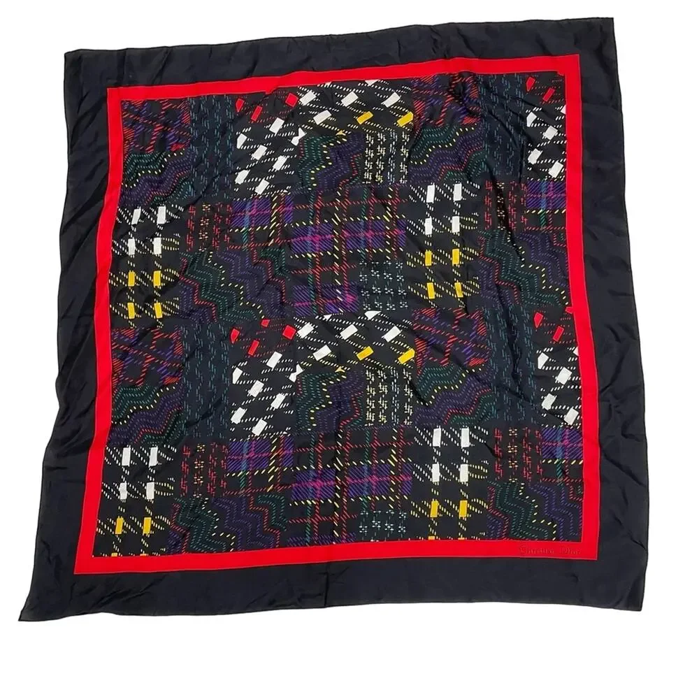 Vintage 80s Christian Dior 100% Silk Black Red Abstract Plaid 30